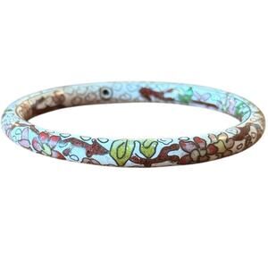 Vintage Cloisonne Bangle White Bracelet Enamel Flowers Asian Jewelry Floral